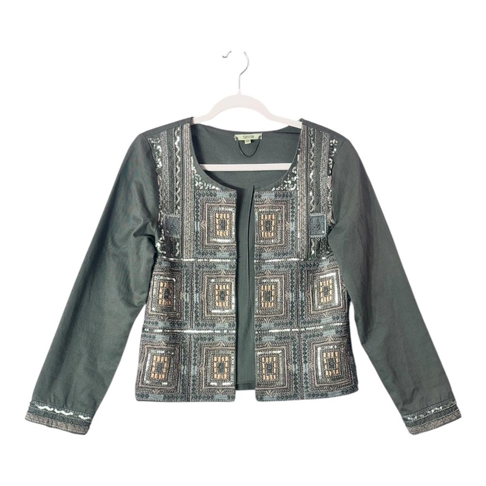 Tennis Gray Embellished Cotton Jacket Beaded Sequin Embroidered Women's M